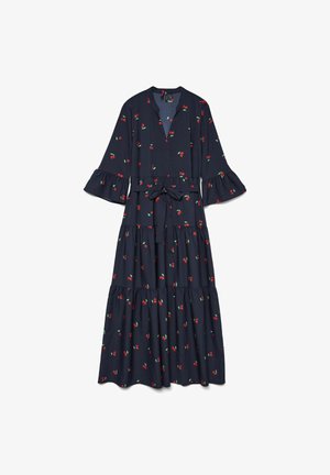 Granatowa sukienka z dekoltem w kształcie litery V, z warstwowym krojem, falbaniastymi rękawami i wiązanym paskiem. Posiada wzór w wiśnie na całej powierzchni. Wykonana z lekkiego materiału.