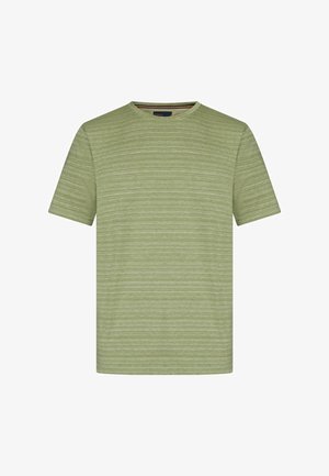 T-shirt med korte ærmer og rund hals i lysegrøn med diskrete vandrette striber og en lille sort mærkeetiket indeni kraven.