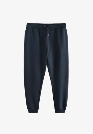 Navy blue sweatpants made of soft fabric, featuring an elastic waistband with drawstring, tapered leg design, and ribbed cuffs.