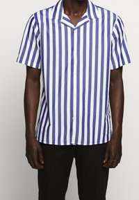 Camicia a maniche corte con righe verticali blu e bianche, chiusura frontale con bottoni e collo a camicia. Realizzata in tessuto liscio.