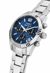 Orologio in acciaio inossidabile argento con quadrante blu, tre sotto-quadranti, lunetta strutturata e display della data. Bracciale con maglie in metallo dalla finitura lucida.