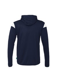 Navy hooded sweatshirt with long sleeves. Features white accents on shoulder. Smooth texture, made from synthetic material.