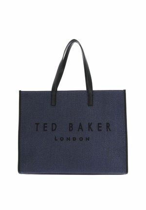 Sac cabas bleu marine texturé avec anses noires et inscription "TED BAKER LONDON" imprimée en noir sur le devant.