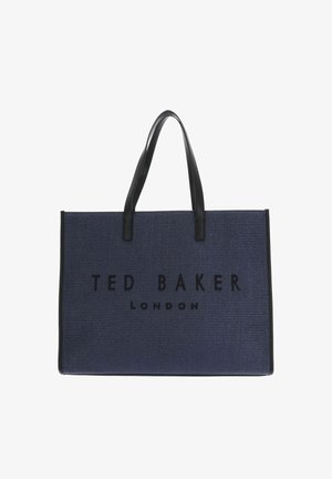 Sac cabas bleu marine texturé avec anses noires et inscription "TED BAKER LONDON" imprimée en noir sur le devant.