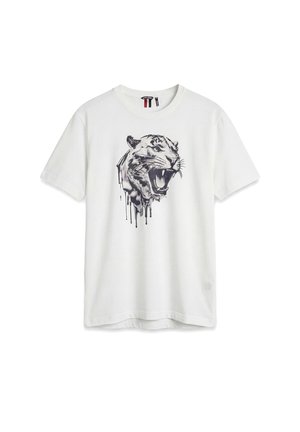 Camiseta blanca de manga corta con un gráfico de la cabeza de un tigre rugiente que parece derretirse o gotear en un estilo de tinta negra.