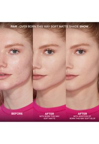 Three side-by-side portraits of a face showing skin before and after applying cosmetics. Pink backdrop, clear skin texture changes, and matte finish.
