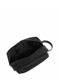 Borsa in nylon nera con chiusura zip, dotata di un interno testurizzato e di un manico superiore per il trasporto. Forma compatta e rettangolare.