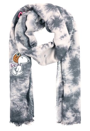 Écharpe tie-dye gris et blanc avec des bords à franges et une broderie près d'une extrémité représentant Snoopy portant des lunettes d'aviateur et une écharpe.