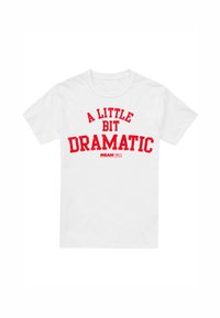 White cotton t-shirt with a crew neck. Front features bold red text reading "A LITTLE BIT DRAMATIC" and "MEAN GIRLS" below in smaller text.