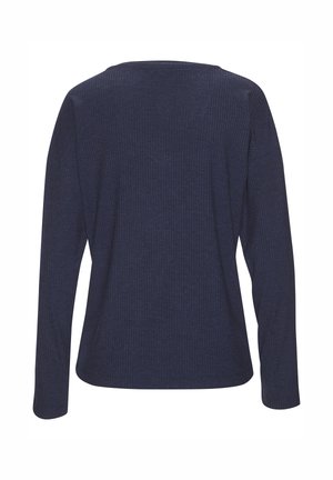 Navy blue long-sleeve ribbed top with a round neckline. Features a loose fit and soft texture, with a curved hemline at the bottom.