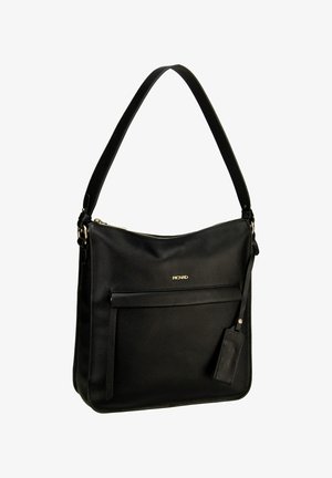 Schwarze Leder-Umhängetasche mit strukturierter Oberfläche, einer Vordertasche mit Reißverschluss und einem abnehmbaren Anhänger; ausgestattet mit einem kurzen, verstellbaren Tragegurt.