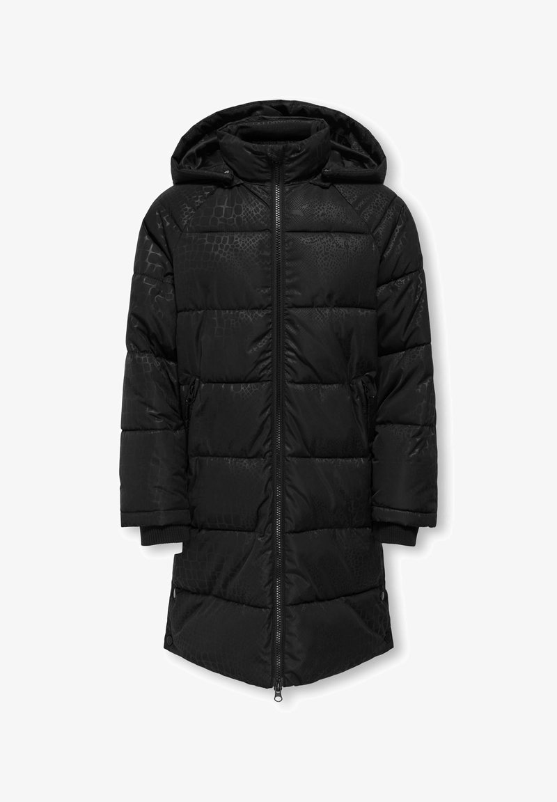 Fekete puffernadrág, textúrált hüllőmintával, cipzáros záródással, kapucnival és elasztikus mandzsettákkal. Térd alatti fazon, oldalsó zsebekkel.