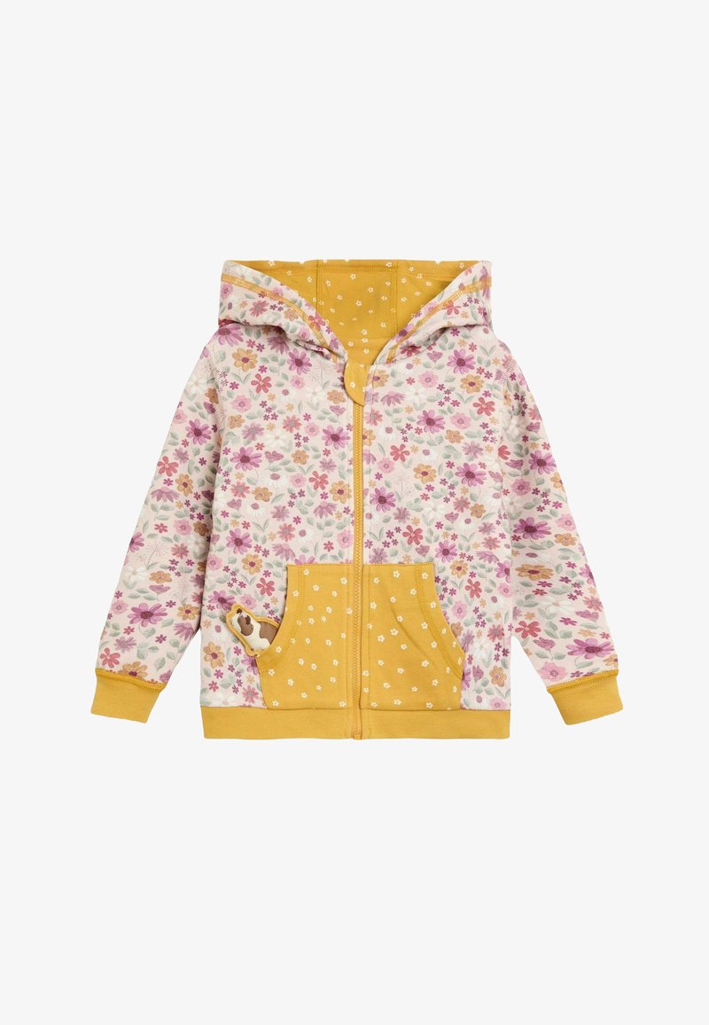 Hoodie mit Blumenmuster und gelbem Innenfutter sowie einer Tasche. Er zeigt rosa, lila und grüne Blumen auf einem hellen Hintergrund.