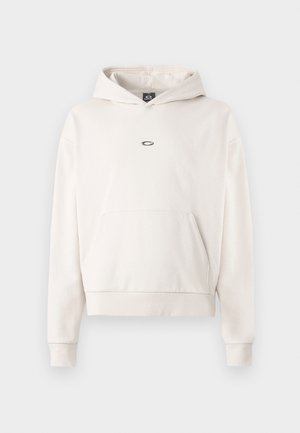 Light beige hoodie made from soft fabric. Features a front kangaroo pocket and a small logo on the chest. Ribbed cuffs and hem.