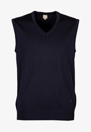 Gilet senza maniche di colore blu navy con scollo a V, texture a maglia, orlo inferiore a coste e senza hardware o motivi visibili.