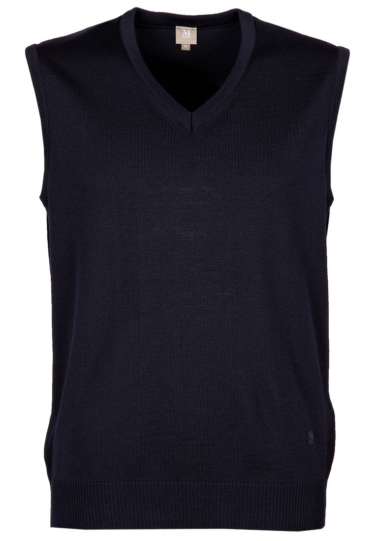 Marineblaues ärmelloses Strickwesten mit V-Ausschnitt, gestrickter Textur, geripptem Saum und ohne sichtbare Beschläge oder Muster.