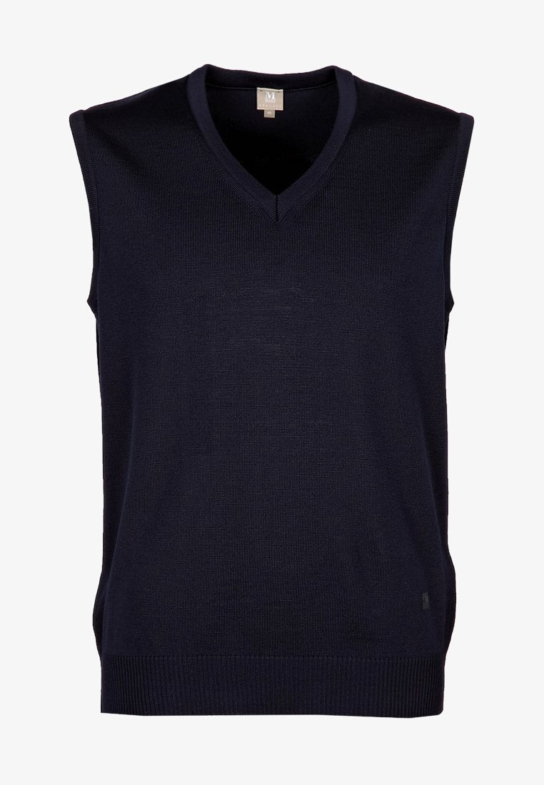 Marineblaues ärmelloses Strickwesten mit V-Ausschnitt, gestrickter Textur, geripptem Saum und ohne sichtbare Beschläge oder Muster.