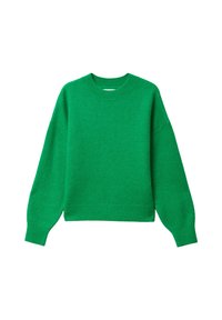 Groen gebreide trui met een ronde hals, verlaagde schouders en lange mouwen. De textuur lijkt zacht en de pasvorm is ruim.