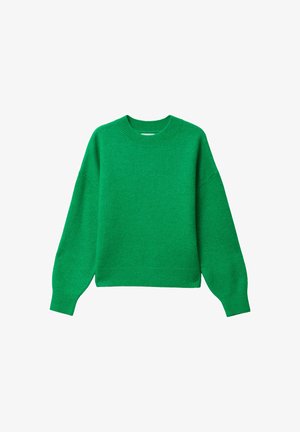 Green knitted sweater with a round neckline, dropped shoulders, and long sleeves. The texture appears soft and the fit is relaxed.