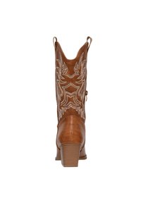 Bota de vaquero de cuero marrón con patrones florales bordados, punta afilada y tacón apilado. Presenta tiradores en ambos lados.