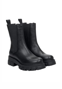 Czarne skórzane botki za kostkę z elastycznymi bocznymi panelami i pętlami do ciągnięcia. Masywna gumowa podeszwa z teksturowanym bieżnikiem dla lepszej przyczepności i trwałości.