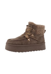Bottines en suede marron avec un revers en fausse fourrure, accents en métal doré, semelle plate et détail de lacets pour un maintien sécurisé. Design sans motif.
