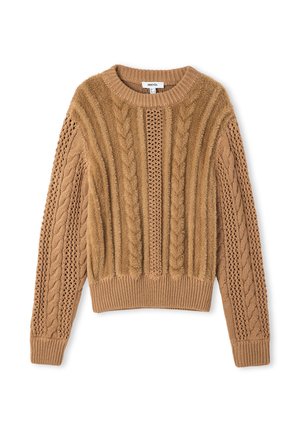 Bruine kabelgebreide trui met een textuurpatroon, voorzien van een ronde hals en lange mouwen. Zachte garen met geribbelde zoom en manchetten.