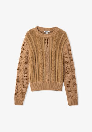 Brauner Pullover mit Zopfmuster, einem Rundhalsausschnitt und langen Ärmeln. Weiches Garn mit geripptem Saum und Bündchen.