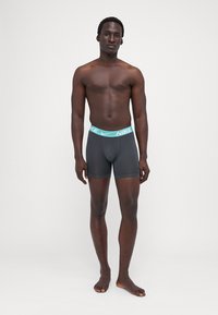 Nike moške bokserice v temno sivi barvi s turkiznim pasom. Imajo tesno prileganje in gladko teksturo tkanine.