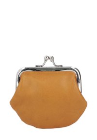 Yellow leather coin purse with a silver clasp closure, rounded shape, smooth texture, and subtle stitching details.