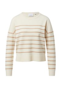 Kremowy sweter z poziomymi beżowymi paskami, okrągłym dekoltem, długimi rękawami i krótkim krojem. Wykonany z miękkiego dzianinowego materiału.