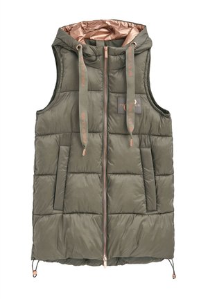 Veste matelassée vert olive avec capuche, doublure intérieure en or rose, fermeture éclair à l'avant, deux poches latérales et détail logo.