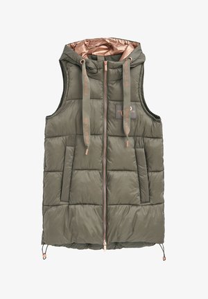 Oliwkowa pikowana kamizelka z kapturem, z różowo-złotą podszewką, zamkiem błyskawicznym z przodu, dwoma bocznymi kieszeniami i detalem z logo.