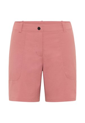 Shorts en coton rose avec deux poches avant, une fermeture à bouton unique et des détails de couture subtils. Texture lisse et design ajusté.
