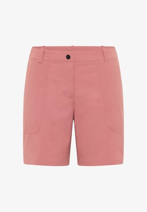 Pink cotton shorts with two front pockets, a single button closure, and subtle stitching details. Smooth texture and tailored design.