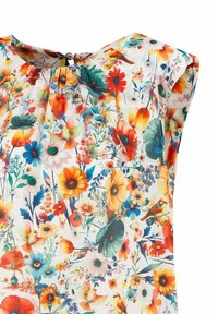 Blumenbluse mit einer Vielzahl von lebhaften Farben. Verfügt über einen runden Ausschnitt mit einem Schlüssellochauslass und kurzen, Cap-Ärmeln.