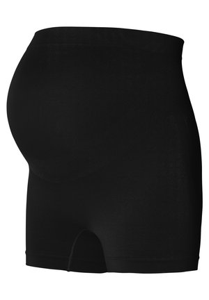 Zwarte zwangerschapsshorts gemaakt van rekbaar materiaal. Hoge taille met een gladde textuur en zijsplitten voor extra comfort.