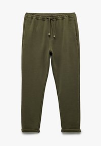 Olivenfarvede sweatpants med elastisk talje, snoretræk og ribstrikkede manchetter. Har tekstureret stof og sidelommer.