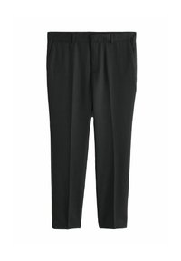 Black tailored trousers with a smooth texture, featuring a straight leg design, belt loops, and side pockets.