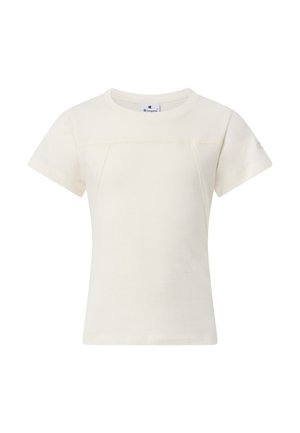 Korte mouwen, gebroken wit T-shirt van het merk Champion met een ronde hals en subtiele naaddetails aan de voorkant en op de mouwen.