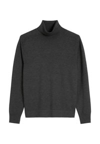 Ciemnoszary sweter typu golf wyk wykonany z miękkiej dzianiny. Posiada długie rękawy i ściągacze, a jego fason jest luźny.