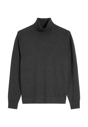 Dark gray turtleneck sweater made of soft knit fabric. Features long sleeves and ribbed cuffs with a relaxed fit design.