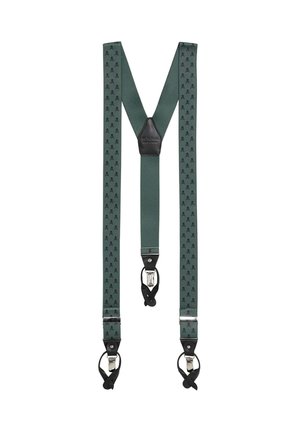 Tirantes verde oscuro con pequeños patrones de calaveras negras, tres clips plateados y conectores de cuero negro, dispuestos en forma de Y.
