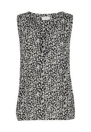Top sans manches noir avec un motif floral de fleurs blanches, fabriqué en tissu léger, avec un col rond simple et des plis.
