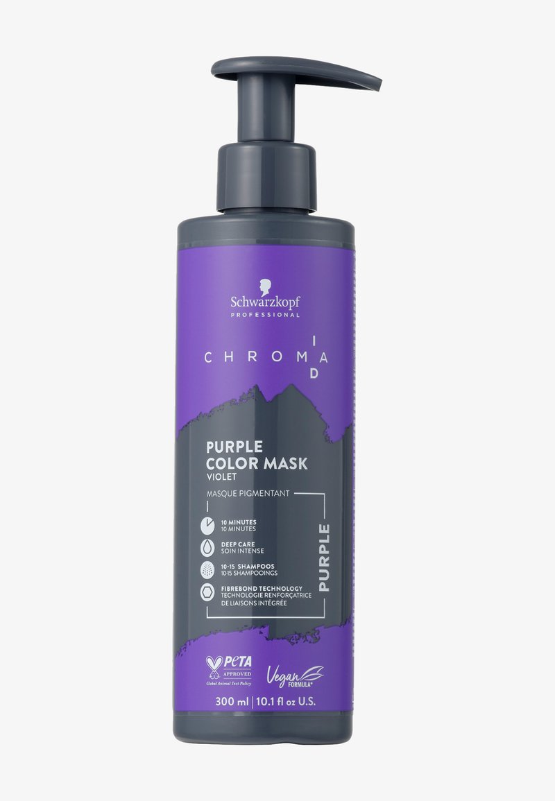 Masque de couleur violet dans un conteneur cylindrique avec un distributeur à pompe. Présente un design épuré, une base gris foncé contrastante et des étiquettes de produit.
