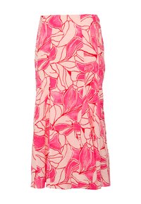 Jupe à motifs floraux présentant des designs roses et rouges sur un fond rose clair, avec une taille ajustée et une silhouette droite.