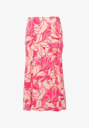 Spódnica w kwiatowy wzór z różowymi i czerwonymi motywami na jasnoróżowym tle, z dopasowanym stanem i prostym krojem.