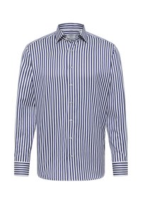 Gestreepte shirt in marineblauw en wit, gemaakt van lichtgewicht stof. Bevat lange mouwen, een knoopsluiting aan de voorkant en een klassieke kraag met variërende streepbreedtes.