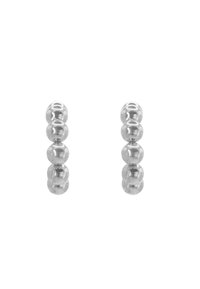 Orecchini d'argento con cinque perle sferiche disposte verticalmente, superficie lucida, texture liscia e dimensioni uniformi. Nessun ulteriore abbellimento.