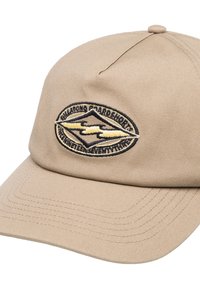 Khaki baseball cap with embroidered logo, curved brim, and textured fabric. Features stitching along the brim and a round accent logo.